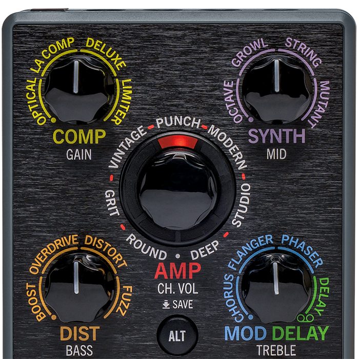 Top image of the POD Express Guitar Distortion, Modulation, Delay, Amp, and Reverb controls